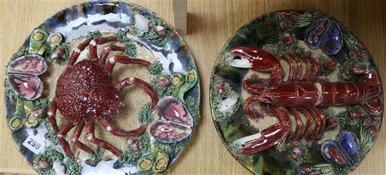 Two Palissy style dishes, 34cm.